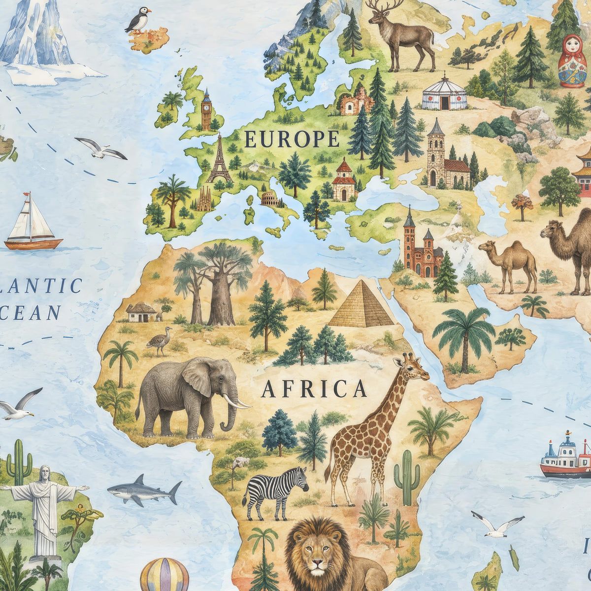 Illustrated World Map Print | Animals & Landmarks Wall Art
