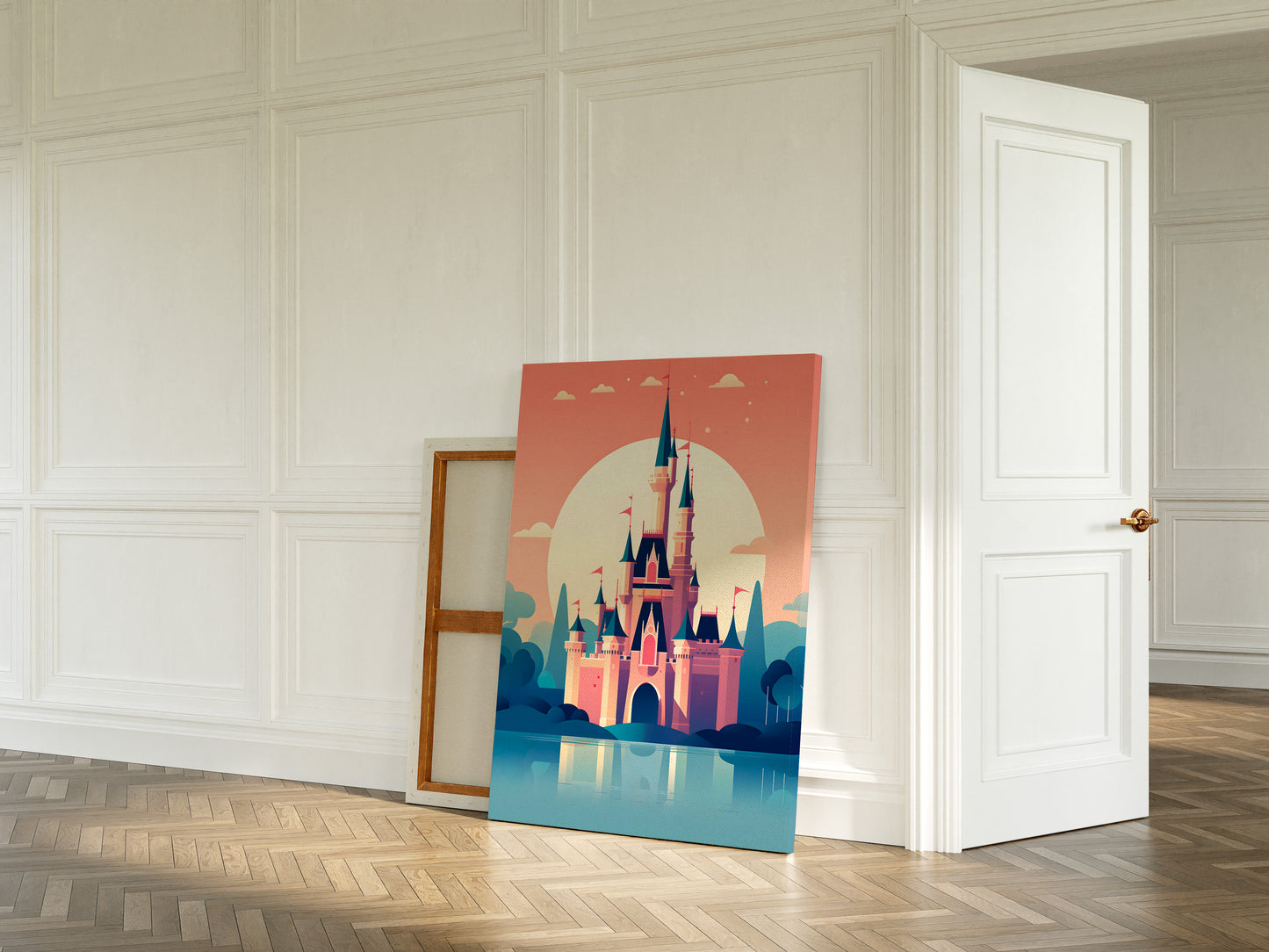 A vertical canvas art print depicting a stylized pink castle under a peach and blue sky, leaning against a white paneled wall in a bright room with a wooden floor.