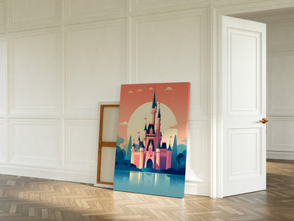 A vertical canvas art print depicting a stylized pink castle under a peach and blue sky, leaning against a white paneled wall in a bright room with a wooden floor.