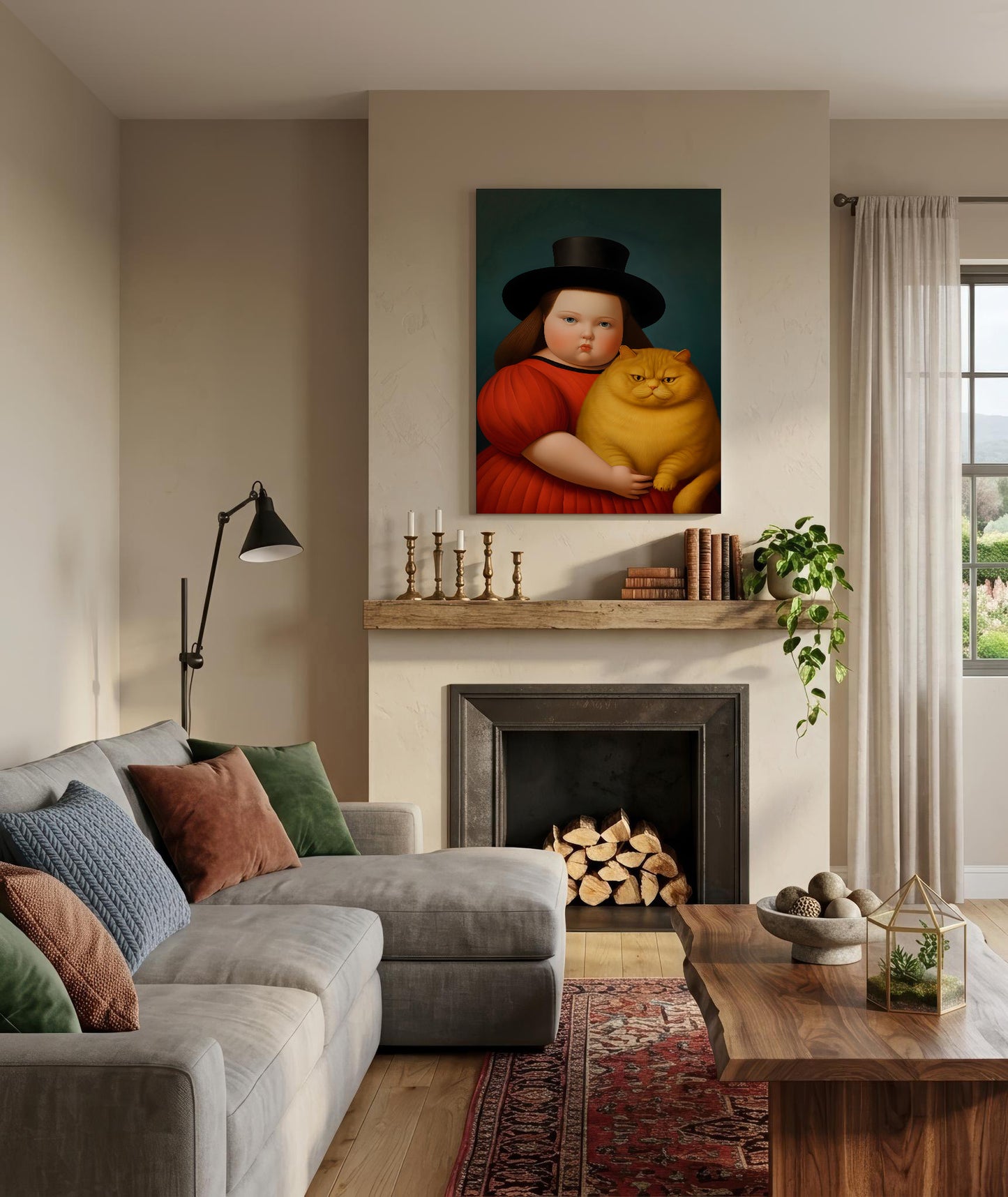 A framed wall art print depicting a child in a red dress and black hat holding a yellow cat, displayed above a fireplace in a styled living room with a gray sectional sofa, wooden coffee table, and neutral walls.