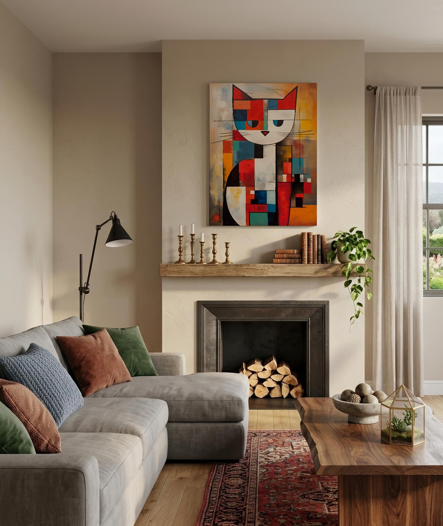 A modern living room featuring a colorful geometric cat painting above a fireplace, styled with a gray sectional sofa, wooden coffee table, and neutral beige walls.