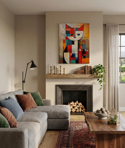 A modern living room featuring a colorful geometric cat painting above a fireplace, styled with a gray sectional sofa, wooden coffee table, and neutral beige walls.