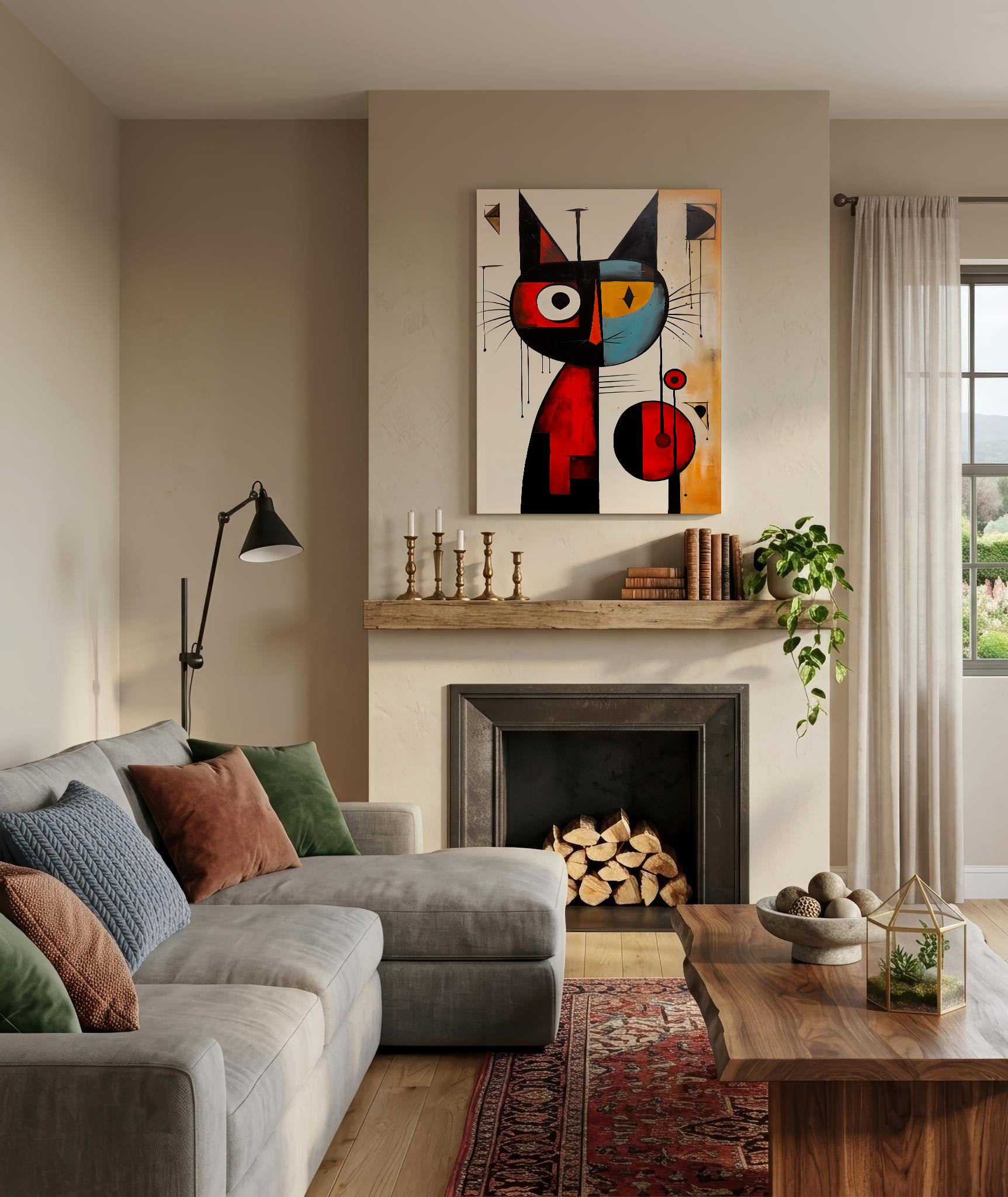 A colorful abstract cat canvas print hangs above a fireplace in a styled living room with a gray sectional sofa, wooden coffee table, and neutral beige walls.