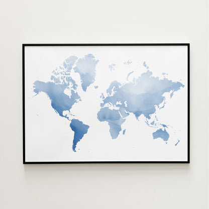 Watercolor blue world map in a black metal frame.