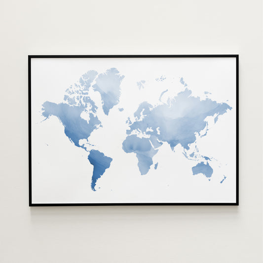 Watercolor blue world map in a black metal frame.