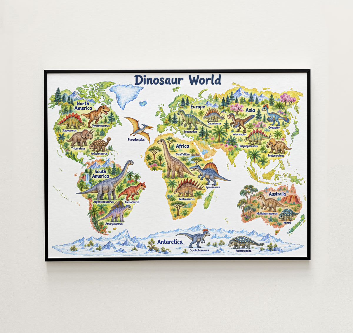 A framed educational world map poster titled 'Dinosaur World' showing colorful illustrated continents with dinosaurs, mountains, and polar ice, displayed against a plain light wall.