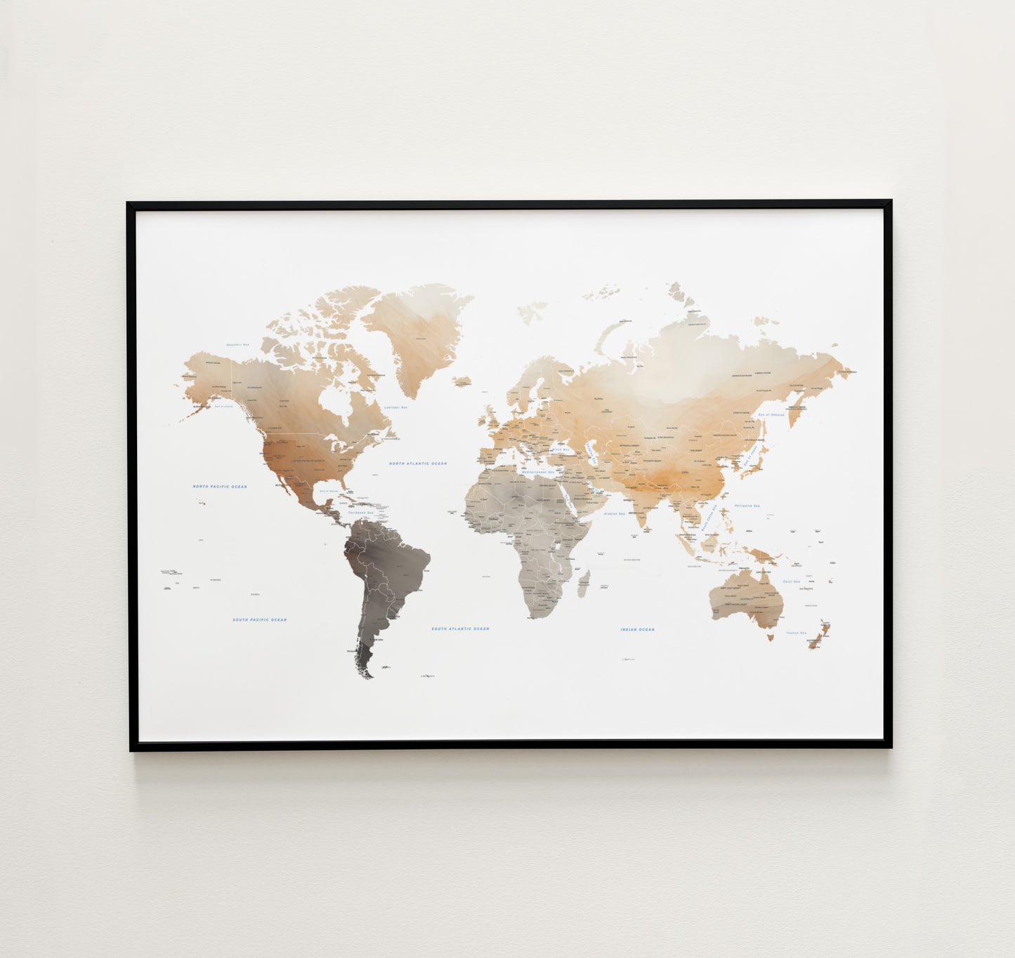 Watercolor world map print in Earth tones.