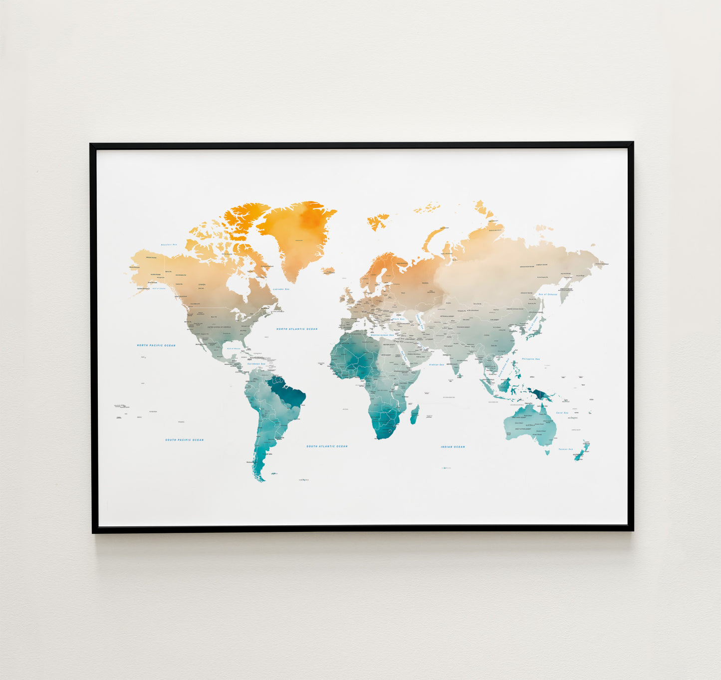 Watercolor World map print in beautiful tones.