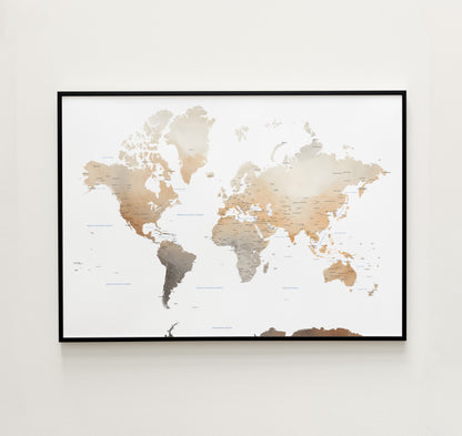 Watercolor World Map wall art in a black metal frame.