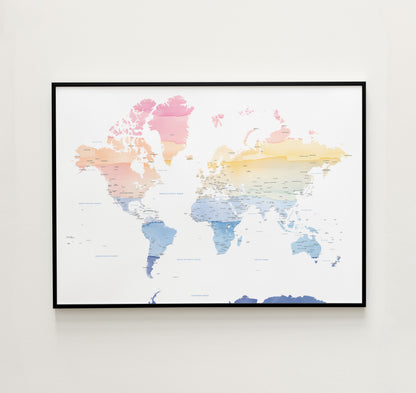 World Map print in rainbow watercolors | Different sizes and canvas