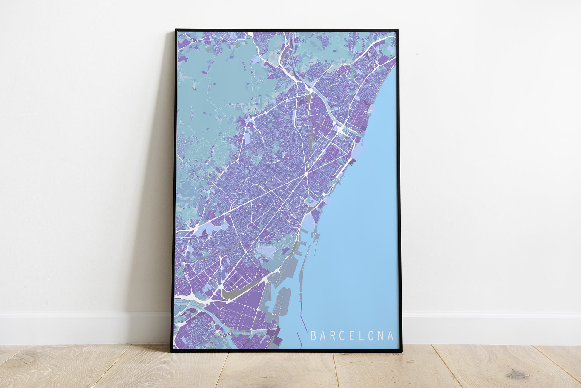 Barcelona city print in purple tones.