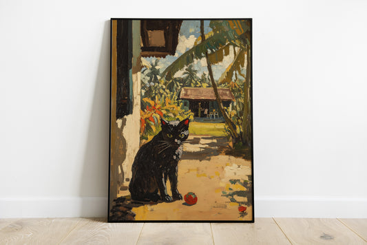 A framed vertical painting leaning against a white wall on a light wood floor. The artwork depicts a black cat sitting in a sunlit courtyard with palm leaves, a house, and small red balls on the ground.