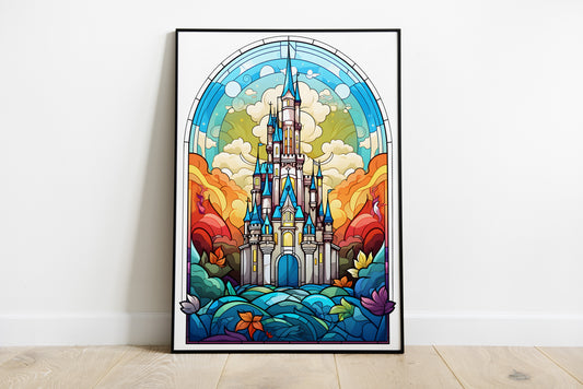 Stained glass disney castle print.