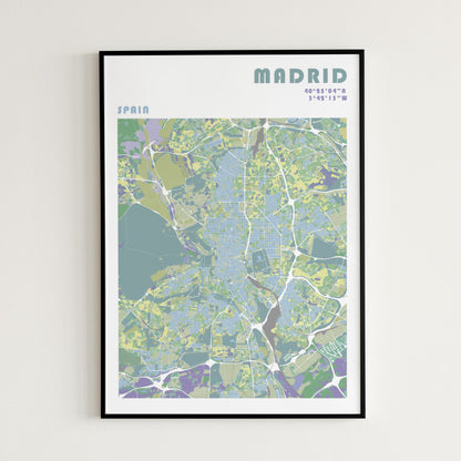 Madrid travel map poster in a black metal frame.