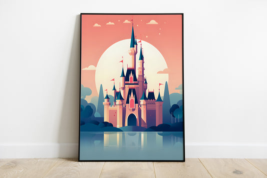 A framed vertical art print leaning against a white wall on a light wood floor. The print shows a stylized pink castle with blue spires in front of a large pale sun and blue sky, with the castle reflected in water below.
