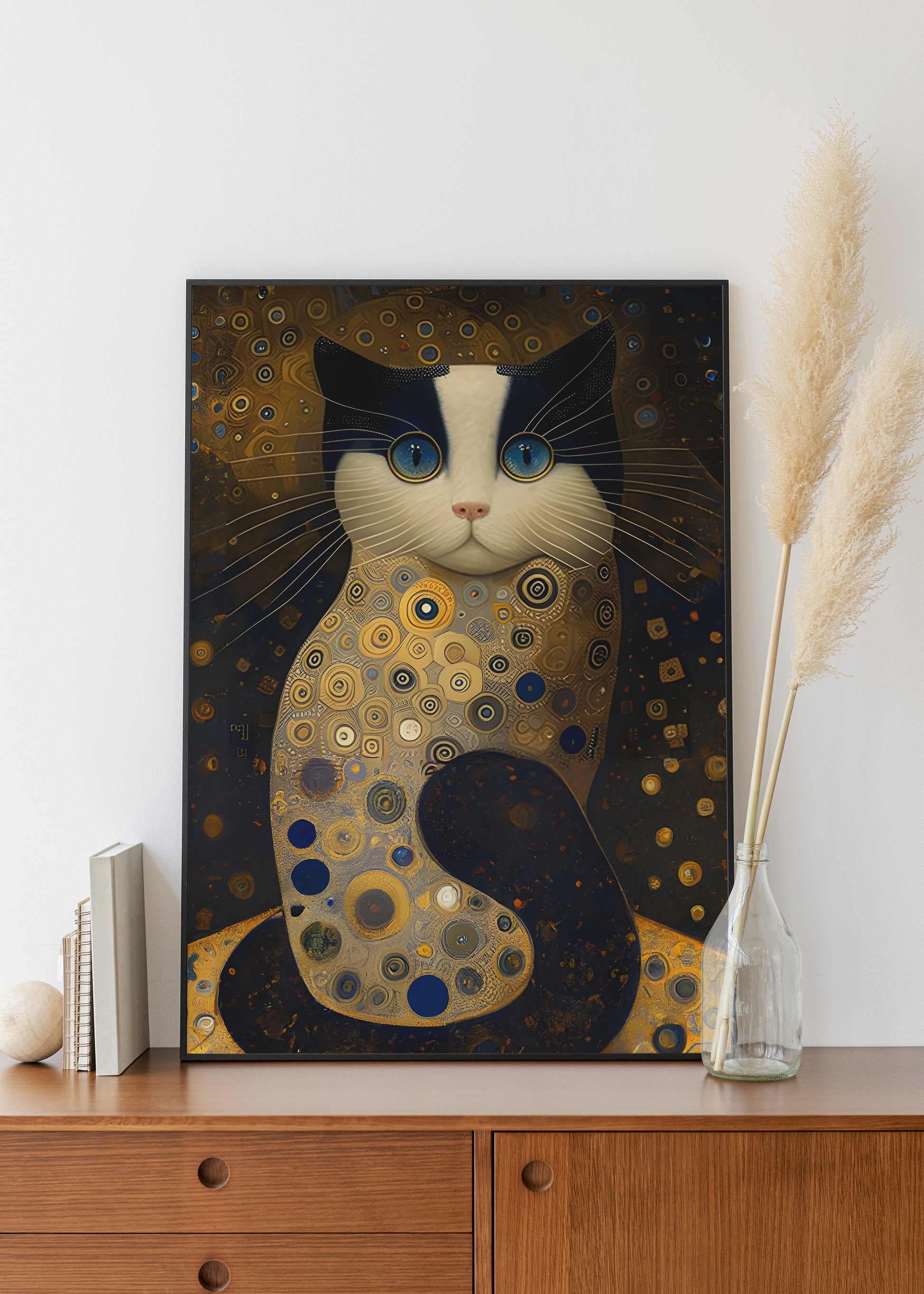 A vertical canvas art print featuring a stylized cat in a Gustav Klimt-inspired art deco design, displayed on a wooden console table next to a glass vase with pampas grass.
