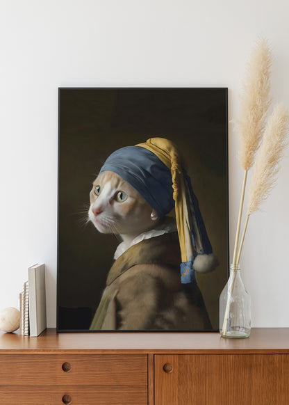 Portrait de chat roux avec imprimé boucle d'oreille perle | Johannes Vermeer