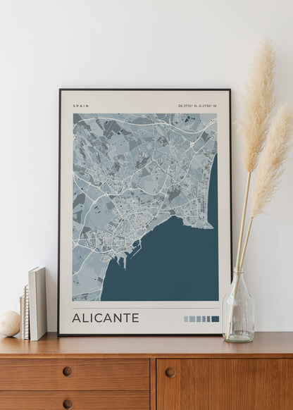 Impression Carte de la ville d'Alicante | Art mural de voyage en Espagne | Cadeau de pendaison de crémaillère et de voyage