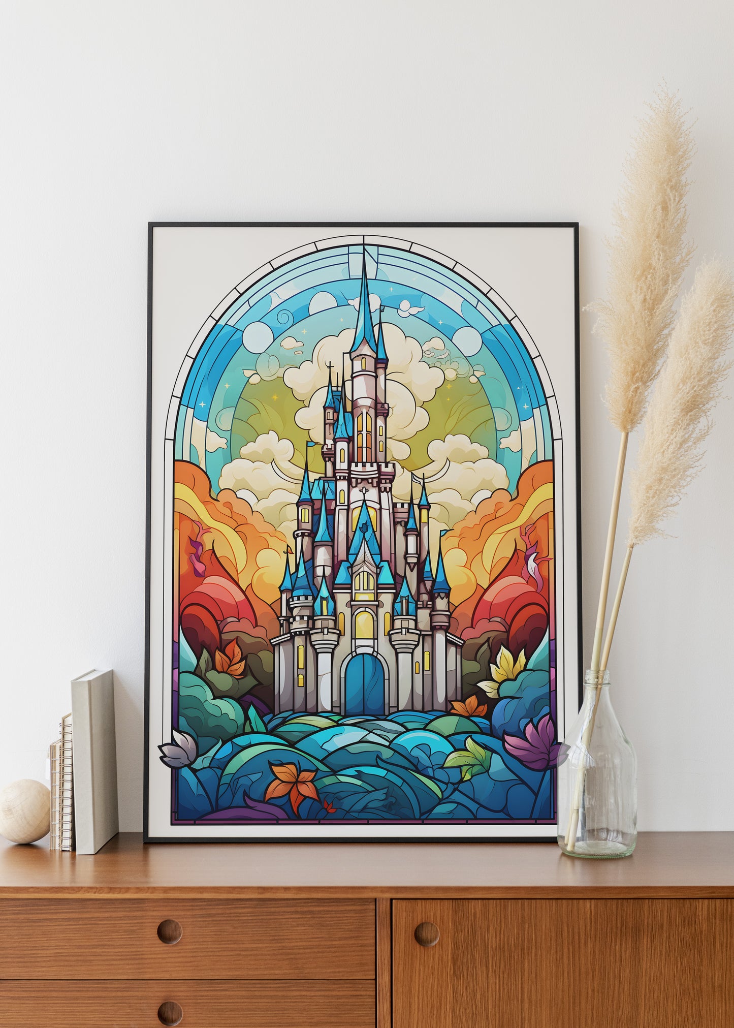 Stained glass disney castle print.