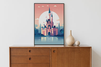 A framed art print of a stylized fairytale castle in a pink and blue landscape, displayed on a wooden sideboard next to two decorative vases against a white wall.