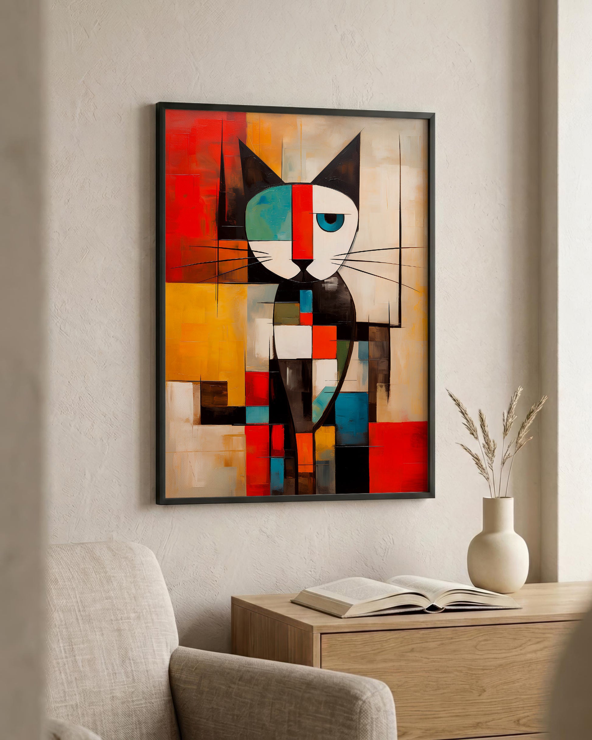 A framed abstract geometric cat painting hangs on a beige wall above a light wood console table with an open book and a small vase.