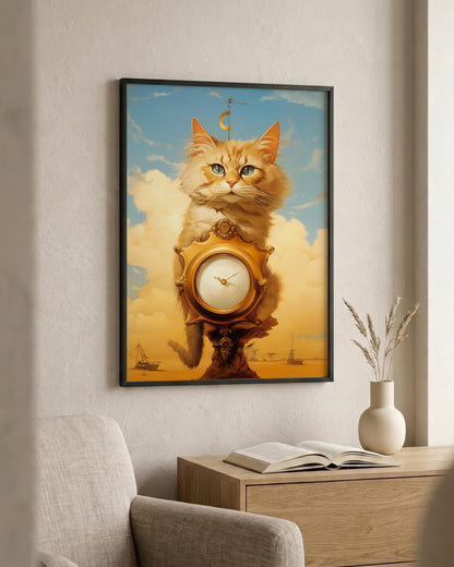 A framed wall art print hangs on a beige wall above a wooden side table. The artwork shows a fluffy orange cat with green eyes perched on a large golden clock against a blue sky with clouds.