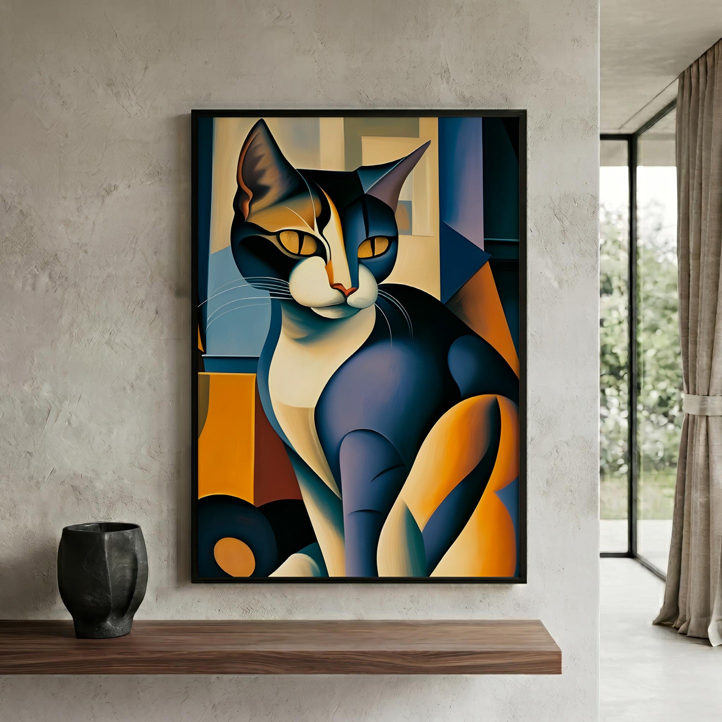 A framed abstract cubist-style cat painting hangs on a textured light gray wall above a wooden shelf, with a small black vase to the left and a window with curtains to the right.