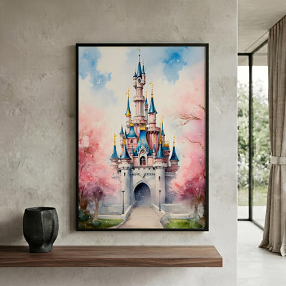 A framed vertical canvas print of a whimsical fairytale castle with pink cherry blossoms, displayed on a textured light gray wall above a wooden shelf in a modern room.