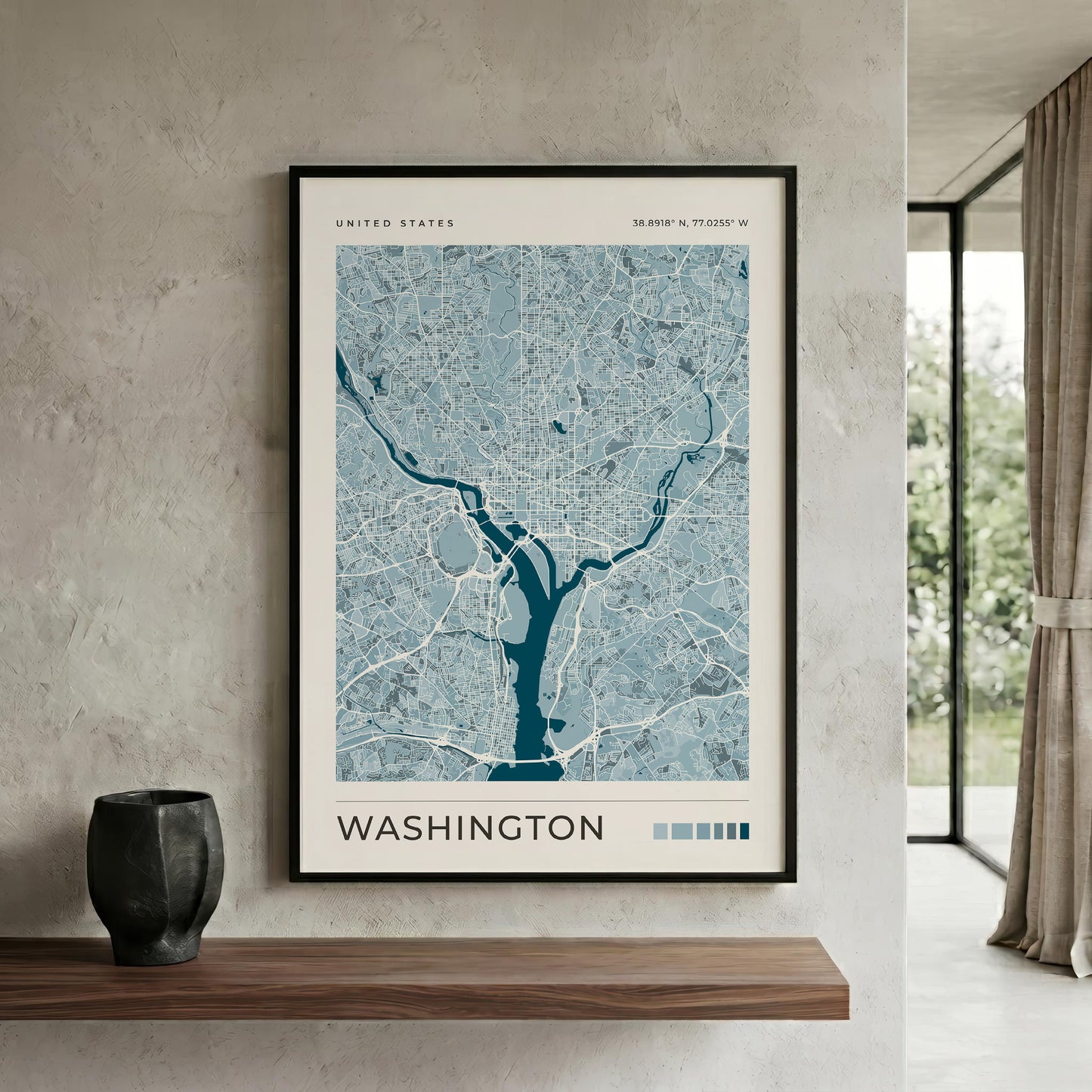A framed vertical map print of Washington, D.C.