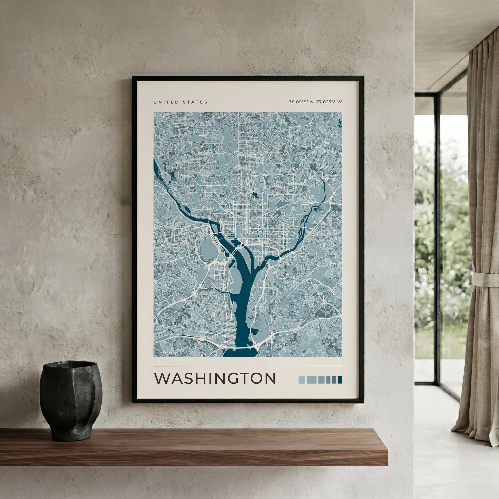A framed vertical map print of Washington, D.C.