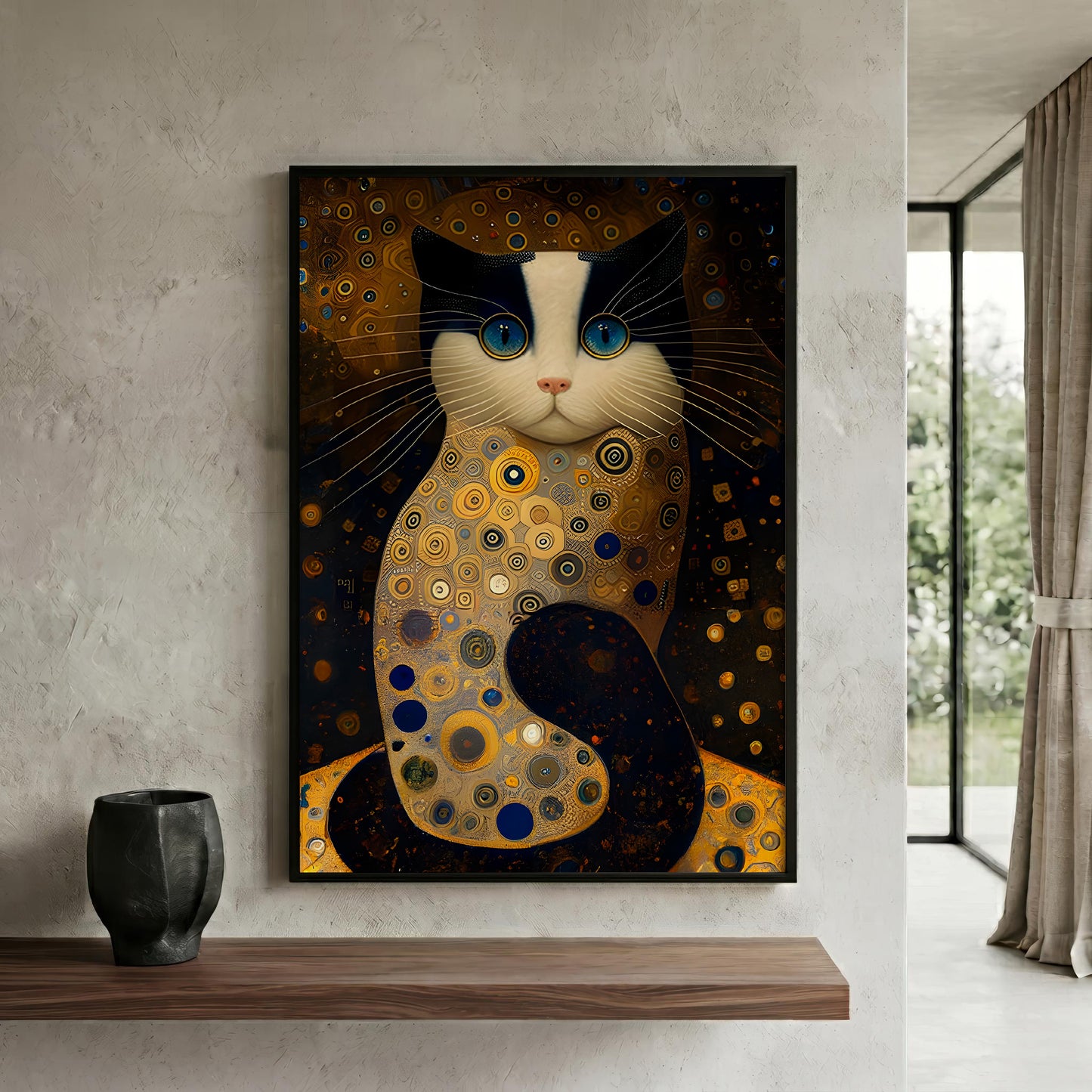 A framed vertical art print of a stylized cat in a Gustave Klimt-inspired patterned design, displayed on a textured light gray wall above a wooden shelf with a black vase.