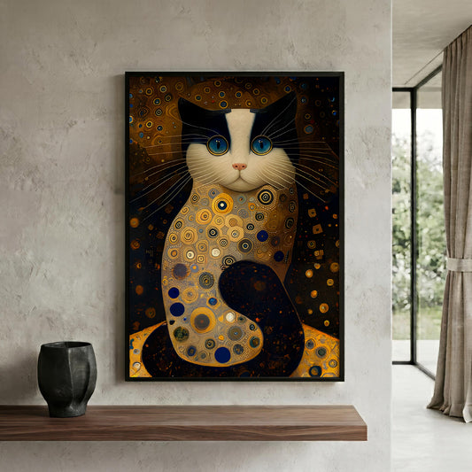 A framed vertical art print of a stylized cat in a Gustave Klimt-inspired patterned design, displayed on a textured light gray wall above a wooden shelf with a black vase.