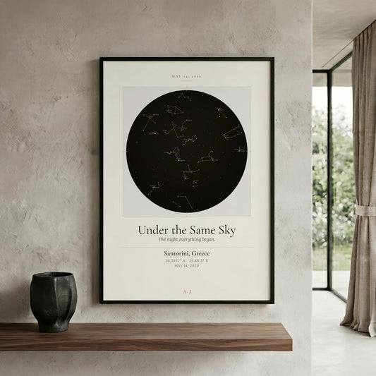 A framed minimalist celestial poster hanging on a textured light gray wall above a wooden shelf. The poster features a large black circle with constellation lines and the title 'Under the Same Sky' with location and date details below.