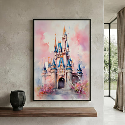 A framed watercolor-style painting of a fairytale castle with blue spires and pink clouds, displayed on a textured light gray wall above a wooden shelf in a modern interior.
