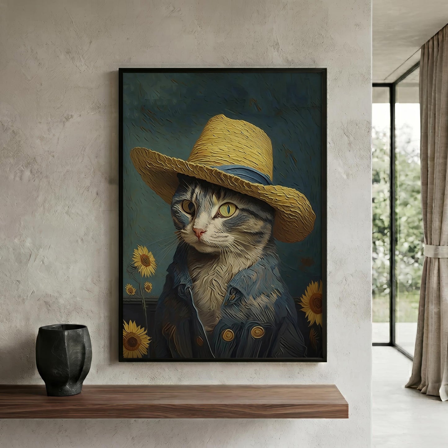 A framed vertical canvas print of a cat dressed in a straw hat and denim jacket with sunflowers, displayed on a textured light gray wall above a wooden shelf in a modern interior.