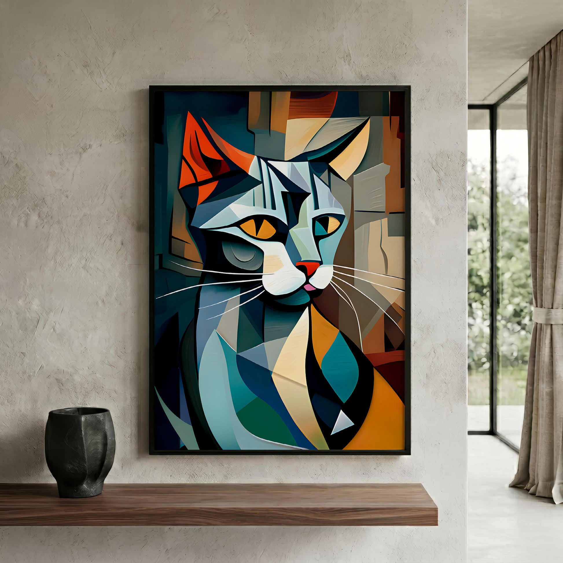 A framed abstract geometric cat portrait artwork hanging on a textured light gray wall above a wooden shelf, with a dark vase to the left and a window with curtains to the right.