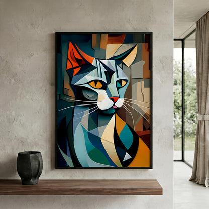 A framed abstract geometric cat portrait artwork hanging on a textured light gray wall above a wooden shelf, with a dark vase to the left and a window with curtains to the right.