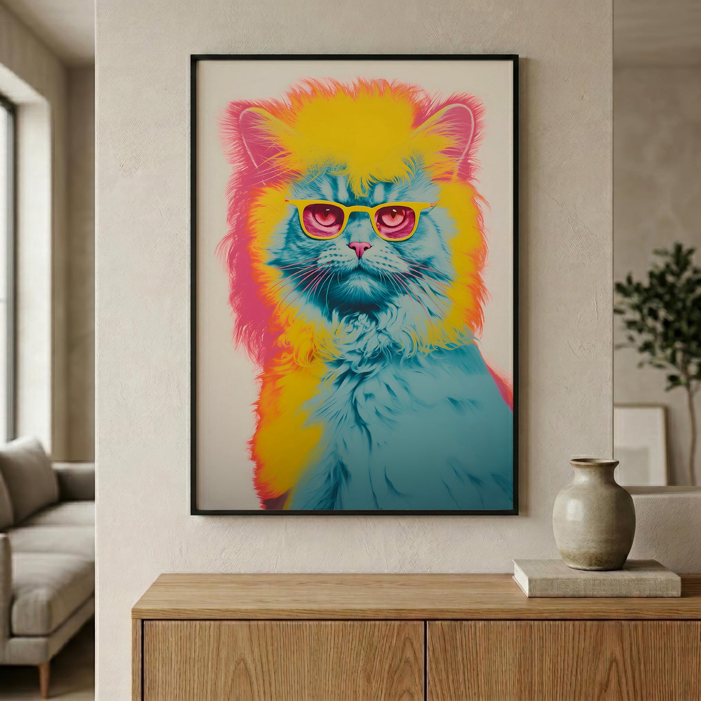 Pop art cat wall art in a black wood frame above a console table