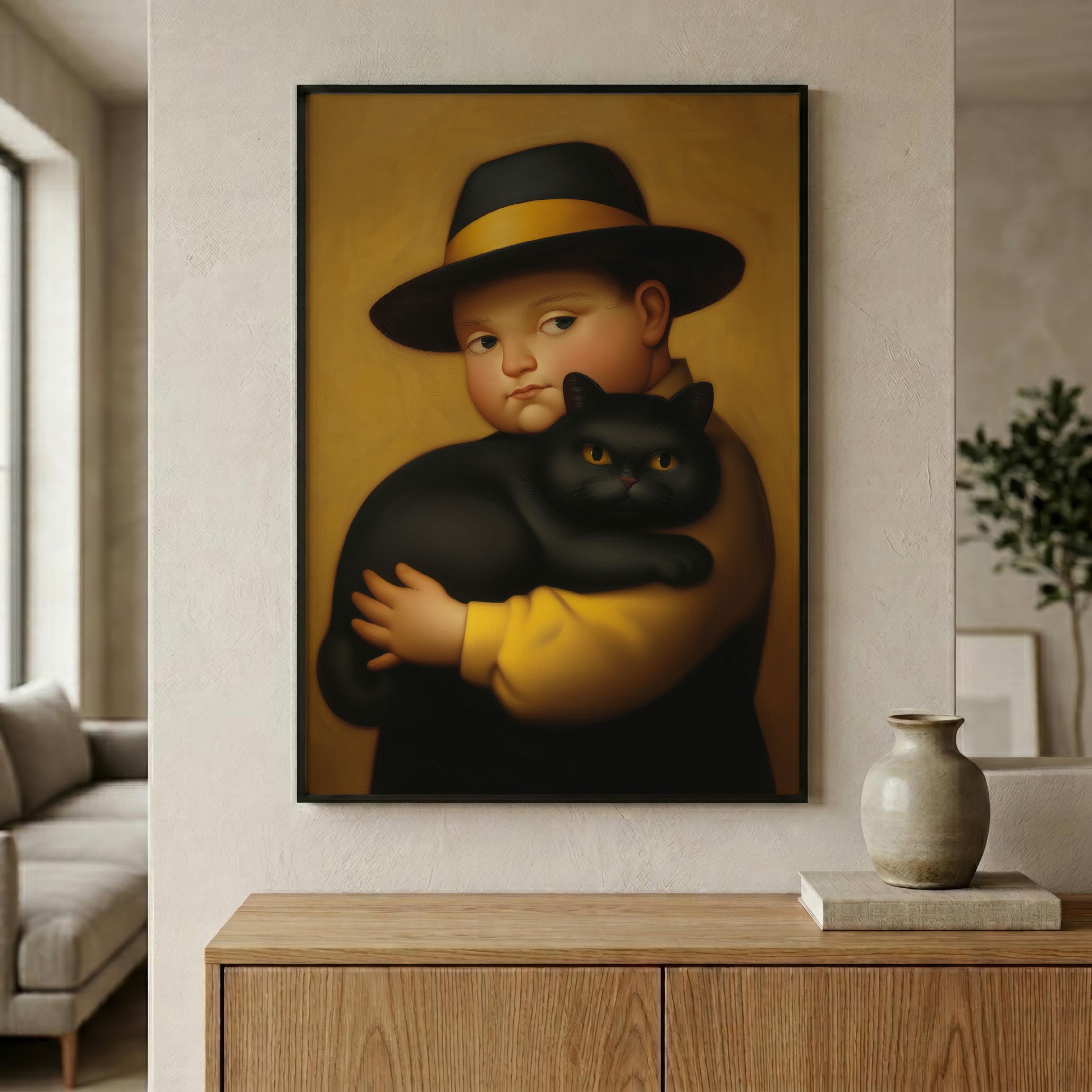 A framed vertical canvas print hanging on a beige wall above a wooden console table. The artwork depicts a stylized child in a black hat with a yellow band holding a black cat against a warm gold background.