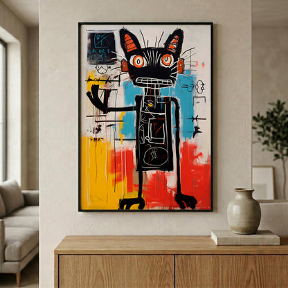 A framed abstract painting featuring a stylized black cat-like figure with orange, blue, red, and yellow paint strokes, displayed on a beige wall above a wooden console table in a modern living room setting.