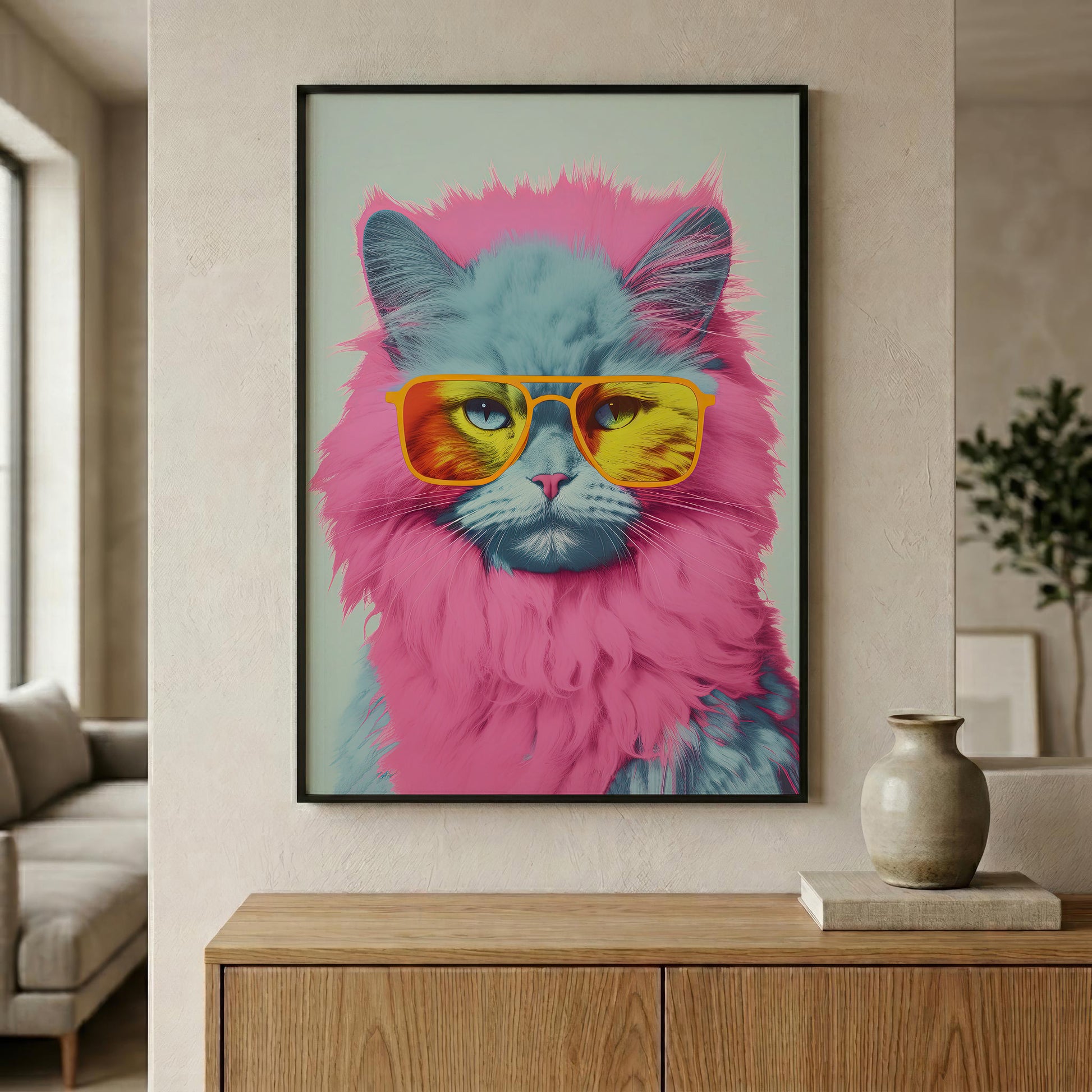 A framed wall art print featuring a fluffy cat with bright pink fur, blue-gray ears and face, and yellow mirrored sunglasses, displayed above a wooden console in a modern living room.