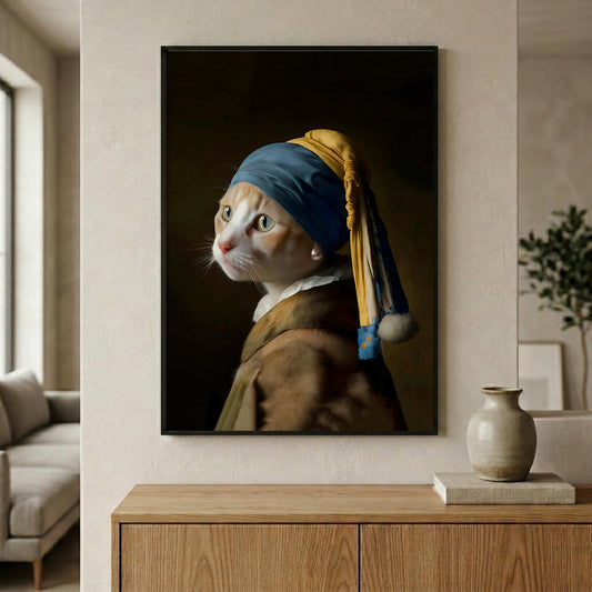 A black framed print of a cat styled as Vermeer's Girl with a Pearl Earring is displayed on a beige wall above a wooden console table in a modern living room setting.