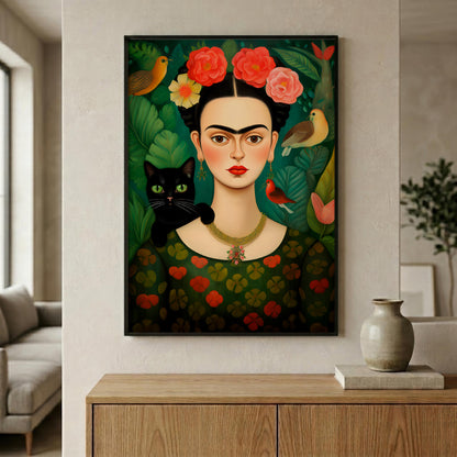 A framed art print featuring a stylized portrait of Frida Kahlo with flowers, birds, a black cat, and green leaves, displayed on a beige wall above a wooden console table in a modern living room setting.