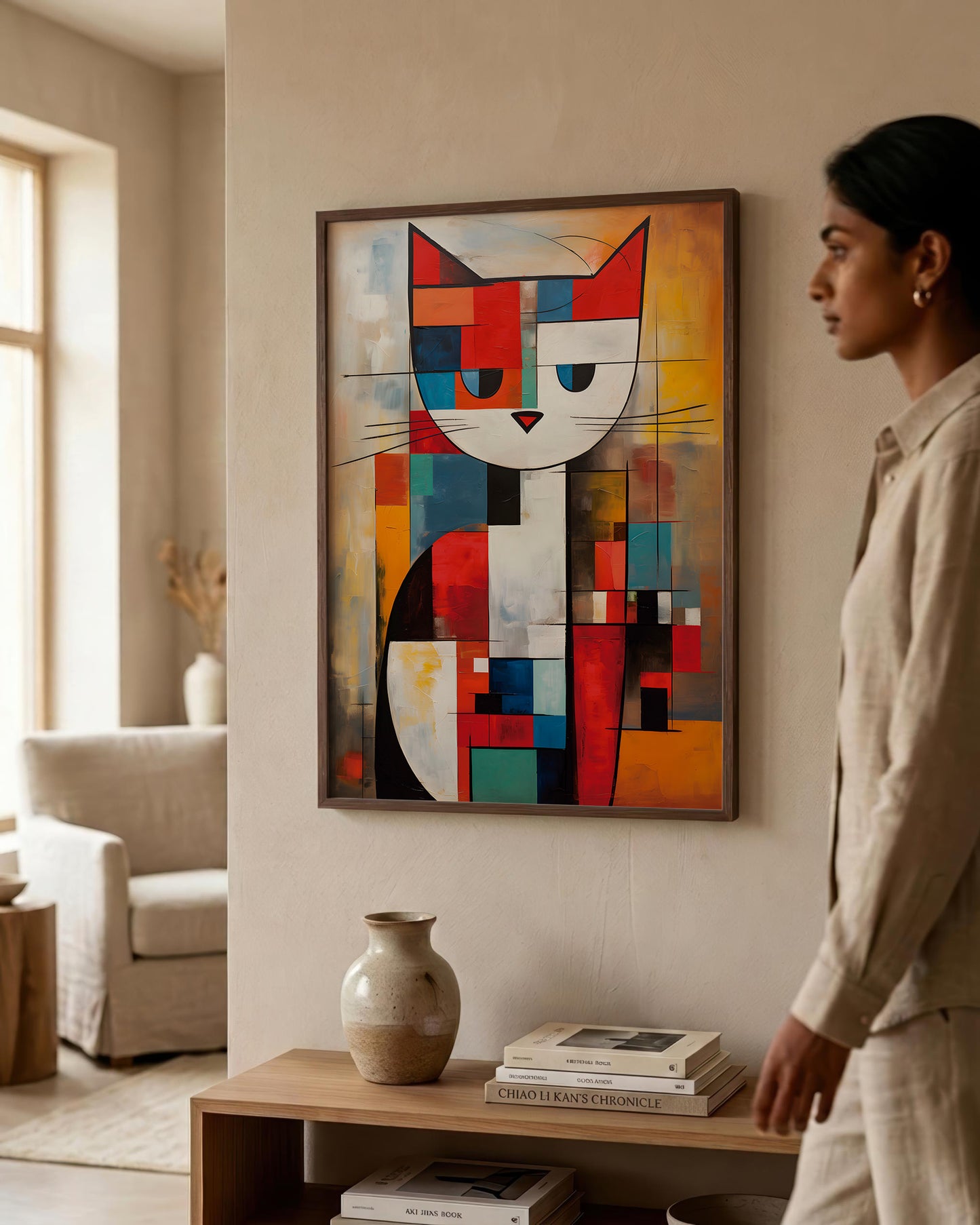 A woman in a beige linen outfit stands next to a framed abstract cubist-style cat painting hanging on a beige wall in a modern living room setting.