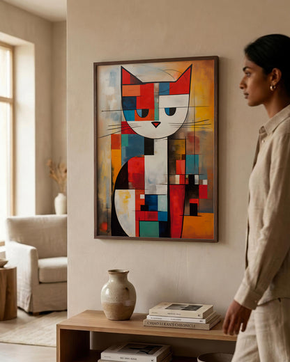 A woman in a beige linen outfit stands next to a framed abstract cubist-style cat painting hanging on a beige wall in a modern living room setting.