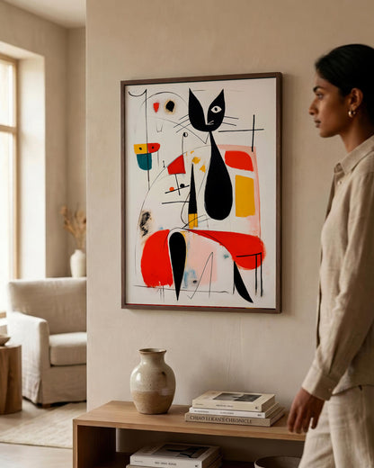 A framed abstract art print featuring a stylized black cat in red, yellow, and black shapes on a white background, hanging on a beige wall in a modern living room setting. A woman in a beige linen outfit is standing to the right of the frame, looking at the artwork.