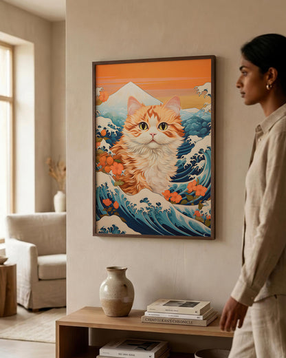 A framed art print featuring an orange tabby cat in a Japanese wave painting style hangs on a beige wall in a modern living room. A woman in a beige linen outfit stands to the right of the frame, looking at the artwork.