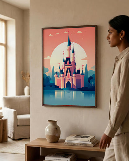 A woman in a beige linen outfit stands in a modern living room, looking at a framed art print of a stylized pink castle on a sunset background. The room features a wooden shelf with a ceramic vase and books.