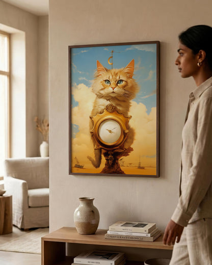 A framed surreal art print of an orange tabby cat holding a clock, displayed on a beige wall in a modern living room next to a woman.