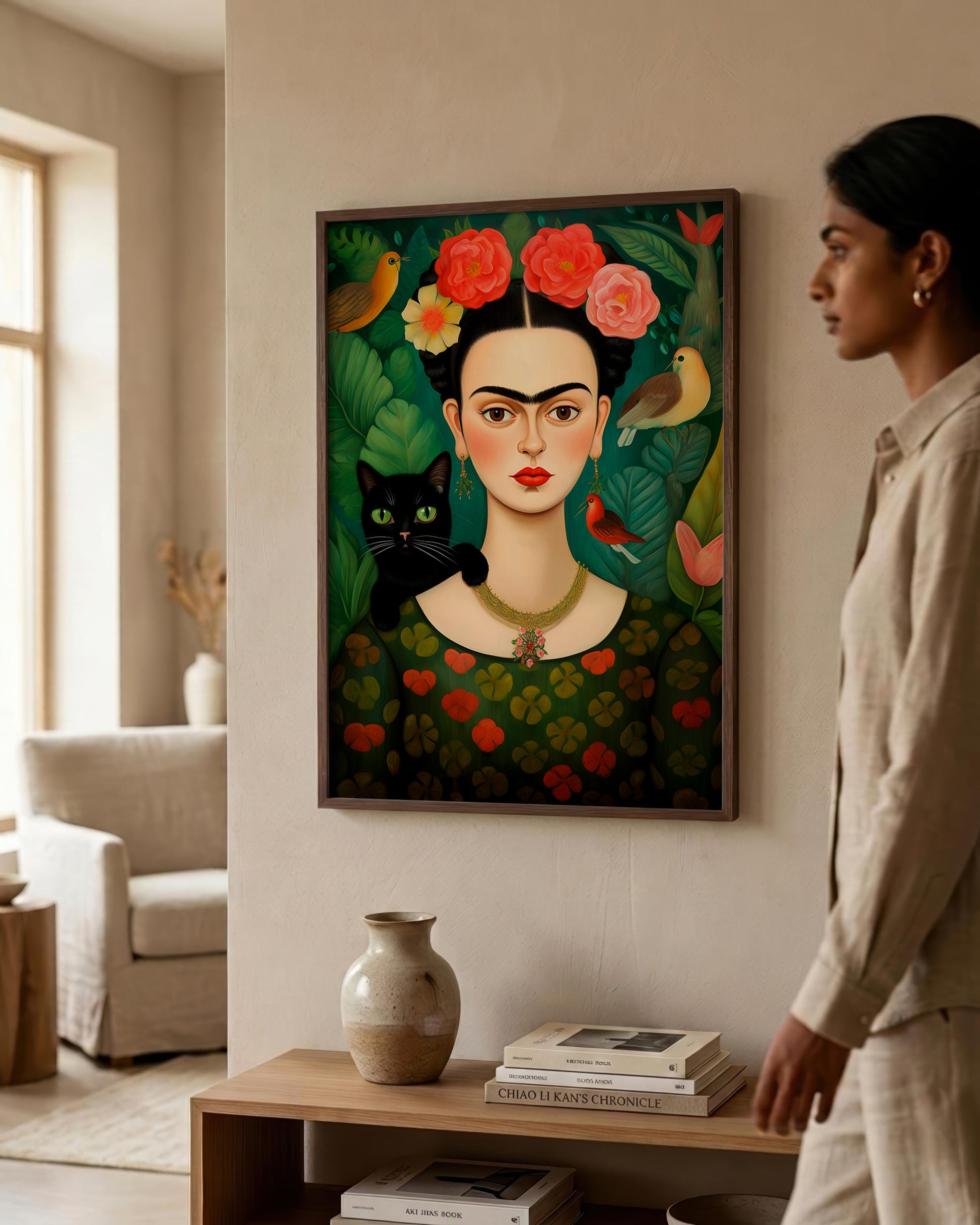 A framed art print of Frida Kahlo hangs on a beige wall in a modern living room, with a woman in a beige linen outfit looking at the artwork.